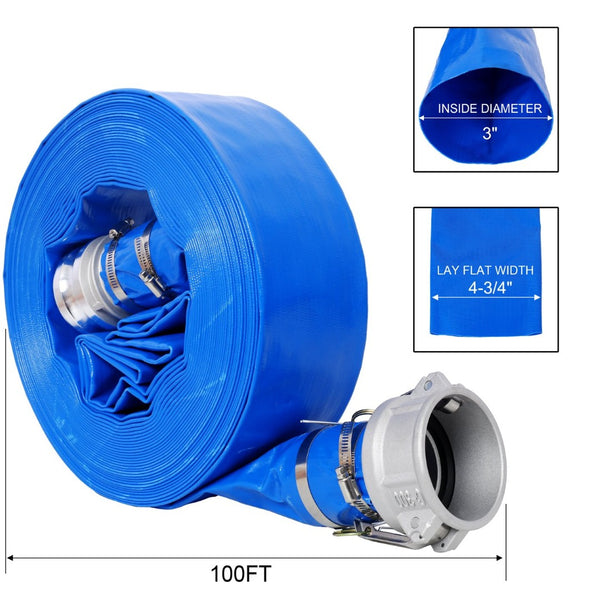 English Elm 3"x100ft Pool Backwash Lay Flat Pvc Hose Heavy Duty Reinforced with Camlock Fittings W465P203285