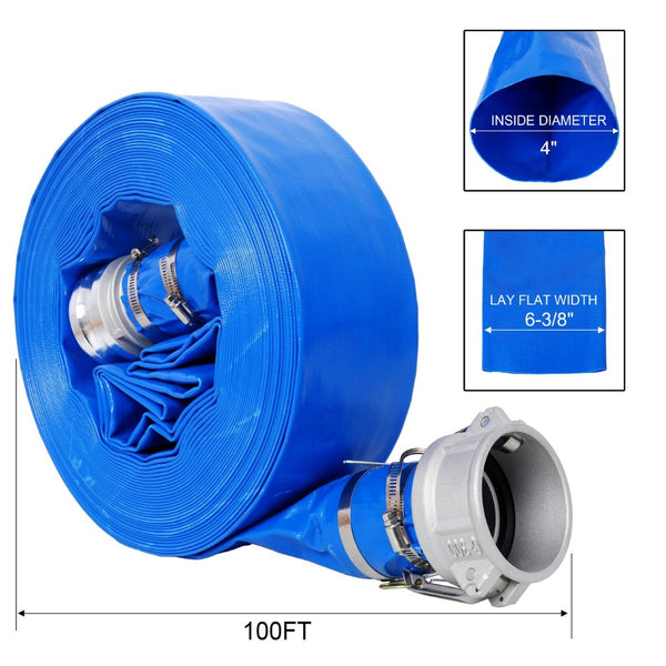 English Elm 4"x100ft Pvc Lay Flat Pool Backwash Hose with Aluminum Camlock Quick Connect Fittings W465P203290