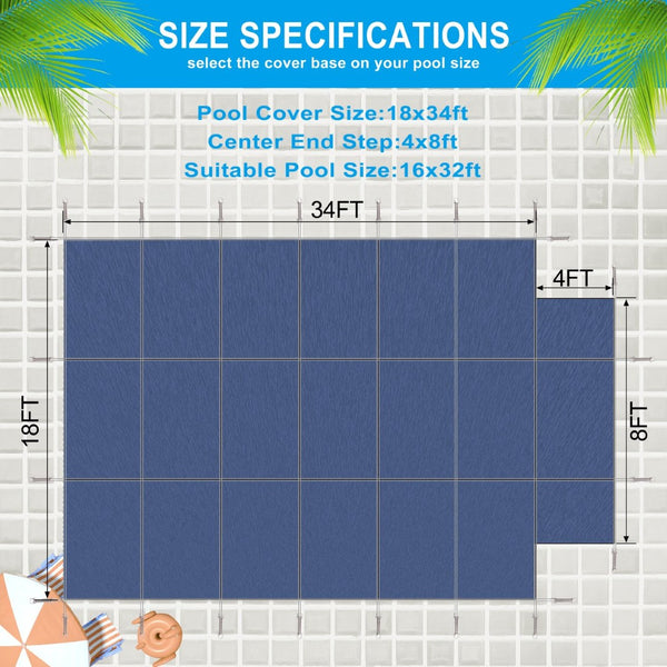 English Elm Pool Safety Cover for 16x32 Rectangular Inground with Step Polypropylene Mesh Winter Blue W465P203693