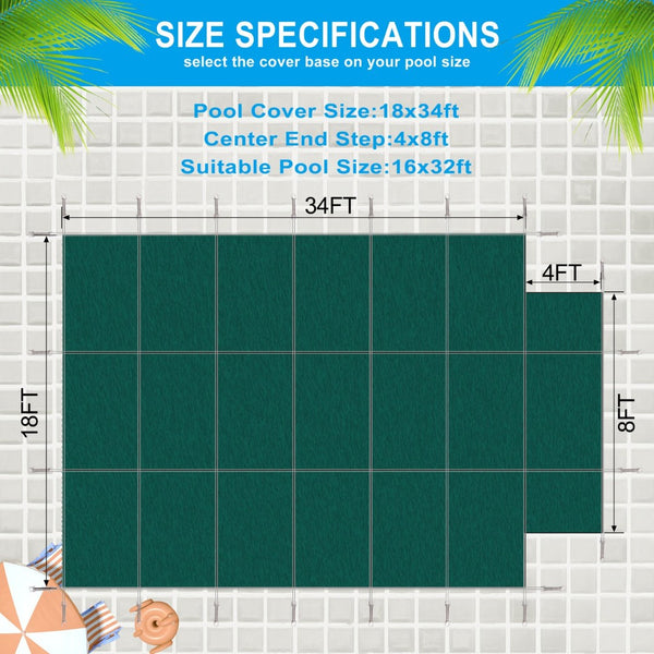 English Elm Pool Safety Cover for 16x32 Rectangular Inground with Step Polypropylene Mesh Winter Green W465P203694