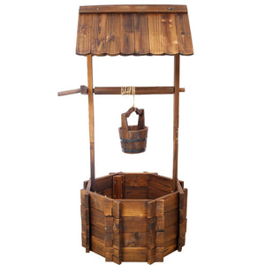 English Elm Rustic Carbonized Fir Wood Wishing Well Planter with Rope Bucket for Patio Garden W465P215368