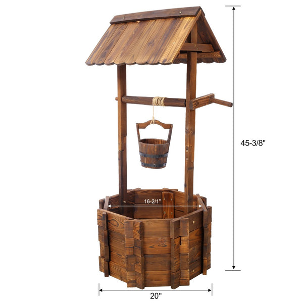 English Elm Rustic Carbonized Fir Wood Wishing Well Planter with Rope Bucket for Patio Garden W465P215368