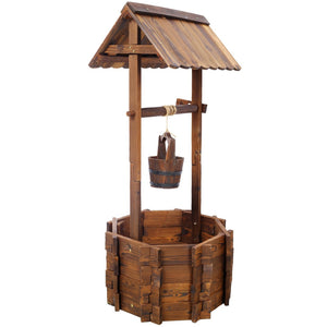 English Elm Rustic Carbonized Fir Wood Wishing Well Planter with Rope Bucket for Patio Garden W465P215368