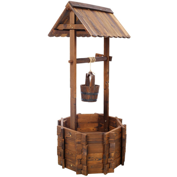 English Elm Rustic Carbonized Fir Wood Wishing Well Planter with Rope Bucket for Patio Garden W465P215368