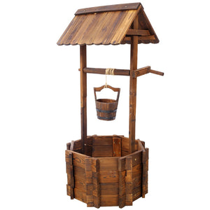 English Elm Rustic Carbonized Fir Wood Wishing Well Planter with Rope Bucket for Patio Garden W465P215368