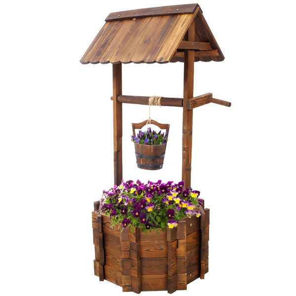 English Elm Rustic Carbonized Fir Wood Wishing Well Planter with Rope Bucket for Patio Garden W465P215368