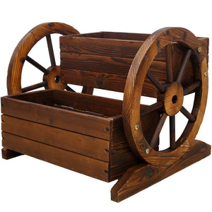 English Elm Wooden Two Tier Wagon Planter on Wheels Rustic Fir Garden Cart for Patio Balcony W465P216240