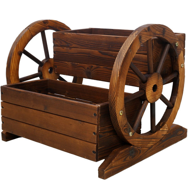 English Elm Wooden Two Tier Wagon Planter on Wheels Rustic Fir Garden Cart for Patio Balcony W465P216240