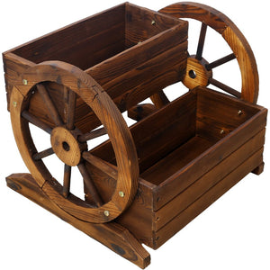 English Elm Wooden Two Tier Wagon Planter on Wheels Rustic Fir Garden Cart for Patio Balcony W465P216240