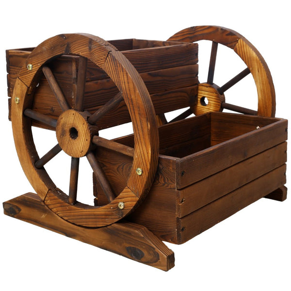 English Elm Wooden Two Tier Wagon Planter on Wheels Rustic Fir Garden Cart for Patio Balcony W465P216240