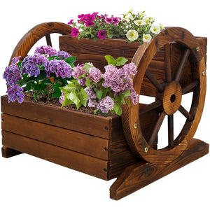 English Elm Wooden Two Tier Wagon Planter on Wheels Rustic Fir Garden Cart for Patio Balcony W465P216240