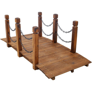 English Elm 5 Ft Fir Wood Arc Garden Bridge with Chain Railings for Pond Creek Backyard W465P221155