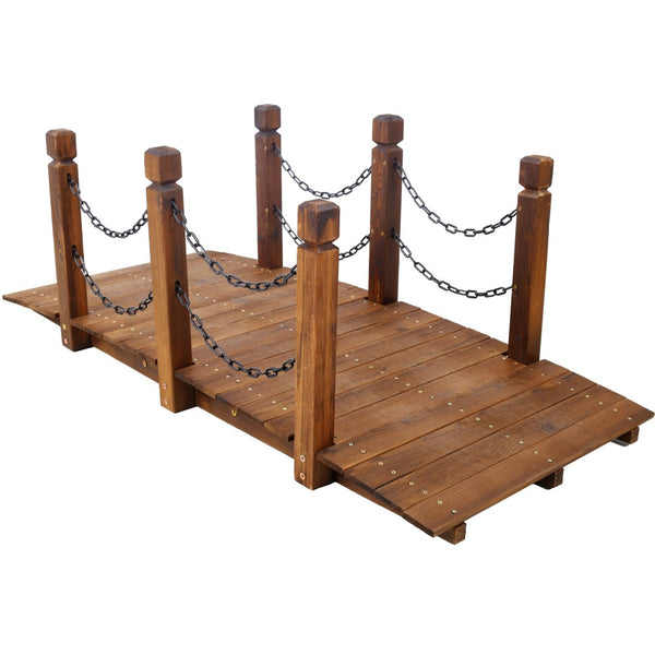 English Elm 5 Ft Fir Wood Arc Garden Bridge with Chain Railings for Pond Creek Backyard W465P221155