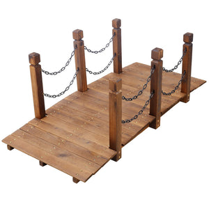 English Elm 5 Ft Fir Wood Arc Garden Bridge with Chain Railings for Pond Creek Backyard W465P221155