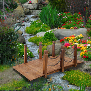 English Elm 5 Ft Fir Wood Arc Garden Bridge with Chain Railings for Pond Creek Backyard W465P221155
