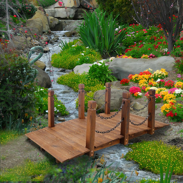 English Elm 5 Ft Fir Wood Arc Garden Bridge with Chain Railings for Pond Creek Backyard W465P221155