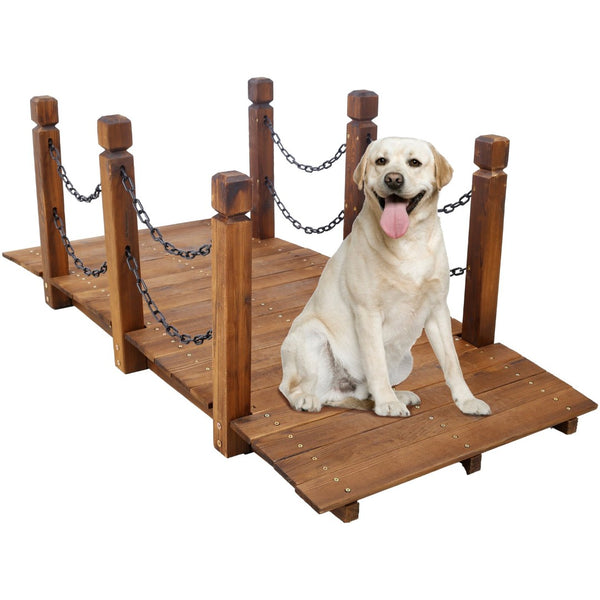 English Elm 5 Ft Fir Wood Arc Garden Bridge with Chain Railings for Pond Creek Backyard W465P221155
