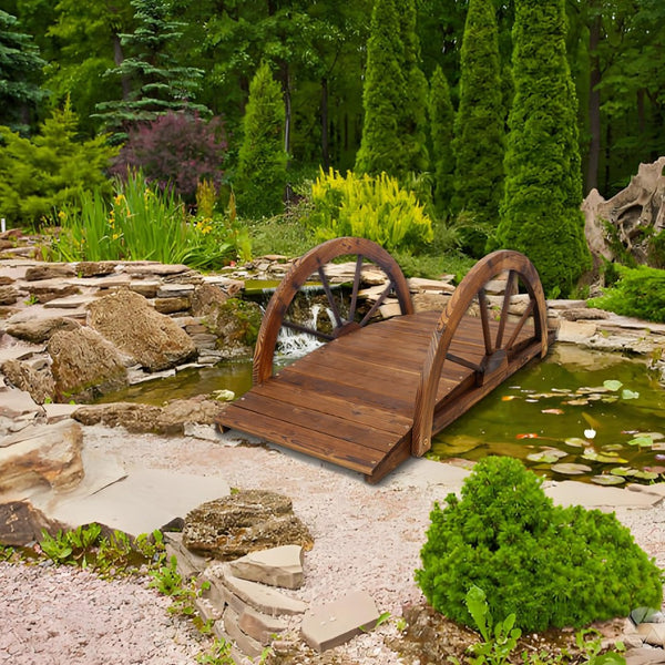 English Elm 3.3ft Solid Fir Arched Garden Footbridge Spoke Railings Stained Outdoor Wood W465P221160