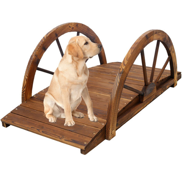 English Elm 3.3ft Solid Fir Arched Garden Footbridge Spoke Railings Stained Outdoor Wood W465P221160