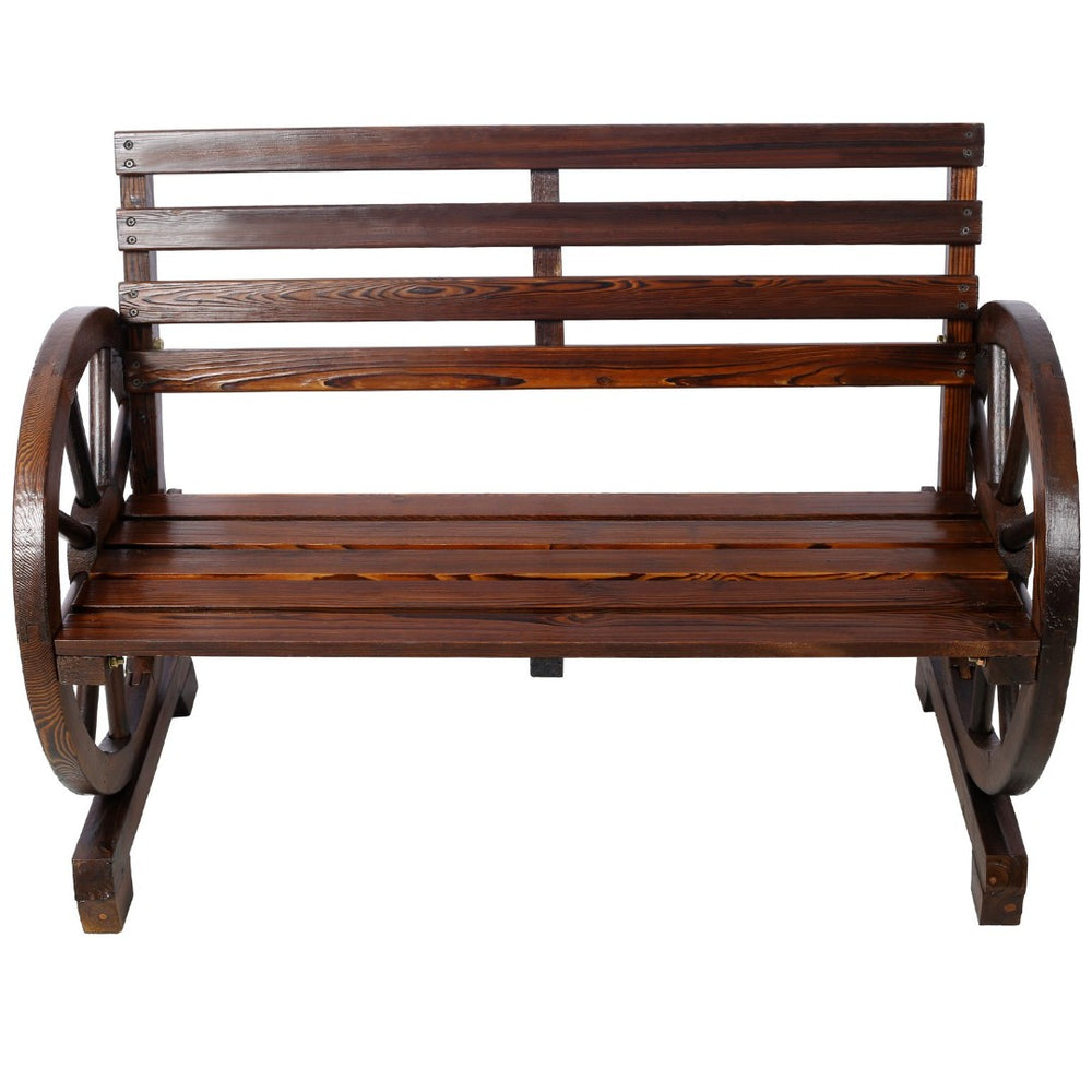 English Elm 2-person Solid Fir Wagon Wheel Outdoor Bench Slatted Rustic Porch Garden Seating W465P222613