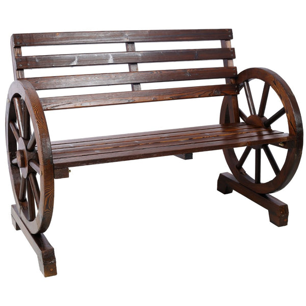 English Elm 2-person Solid Fir Wagon Wheel Outdoor Bench Slatted Rustic Porch Garden Seating W465P222613