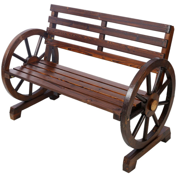 English Elm 2-person Solid Fir Wagon Wheel Outdoor Bench Slatted Rustic Porch Garden Seating W465P222613
