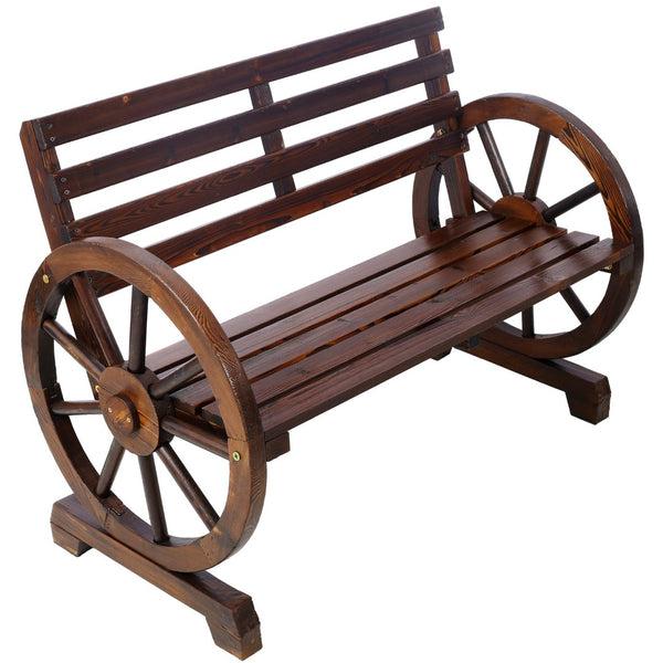English Elm 2-person Solid Fir Wagon Wheel Outdoor Bench Slatted Rustic Porch Garden Seating W465P222613