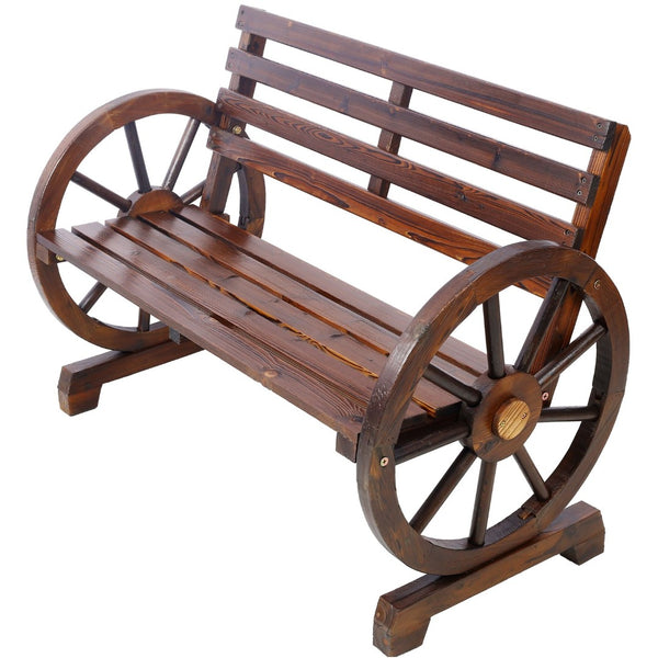 English Elm 2-person Solid Fir Wagon Wheel Outdoor Bench Slatted Rustic Porch Garden Seating W465P222613