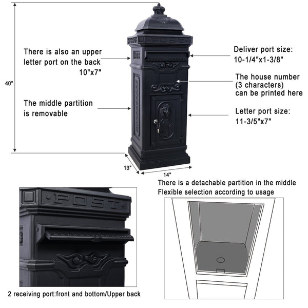 English Elm Mailboxs Cast Aluminum Floor Postbox Roman Column Statue Garden Rainproof Large Capacity Black W465P230044