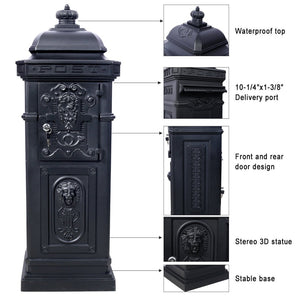 English Elm Mailboxs Cast Aluminum Floor Postbox Roman Column Statue Garden Rainproof Large Capacity Black W465P230044