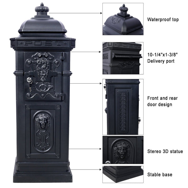 English Elm Mailboxs Cast Aluminum Floor Postbox Roman Column Statue Garden Rainproof Large Capacity Black W465P230044