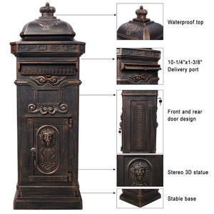 English Elm Mailboxs Cast Aluminum Floor Postbox Roman Column Statue Garden Rainproof Large Capacity Bronze W465P230045