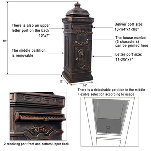 English Elm Mailboxs Cast Aluminum Floor Postbox Roman Column Statue Garden Rainproof Large Capacity Bronze W465P230045