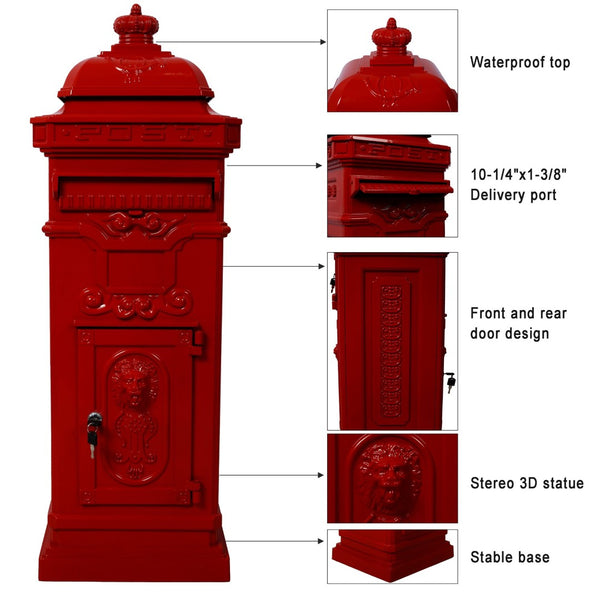 English Elm Mailboxs Cast Aluminum Floor Postbox Roman Column Statue Garden Rainproof Large Capacity Red W465P230046