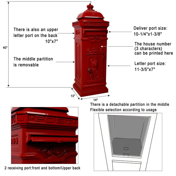 English Elm Mailboxs Cast Aluminum Floor Postbox Roman Column Statue Garden Rainproof Large Capacity Red W465P230046