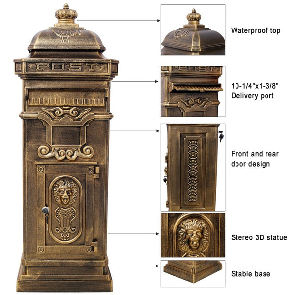 English Elm Mailboxs Cast Aluminum Floor Postbox Roman Column Statue Garden Rainproof Large Capacity Copper W465P230047