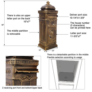 English Elm Mailboxs Cast Aluminum Floor Postbox Roman Column Statue Garden Rainproof Large Capacity Copper W465P230047