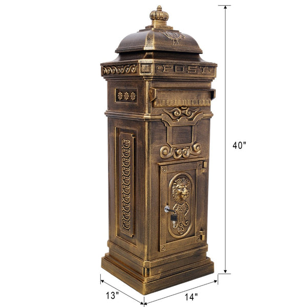 English Elm Mailboxs Cast Aluminum Floor Postbox Roman Column Statue Garden Rainproof Large Capacity Copper W465P230047
