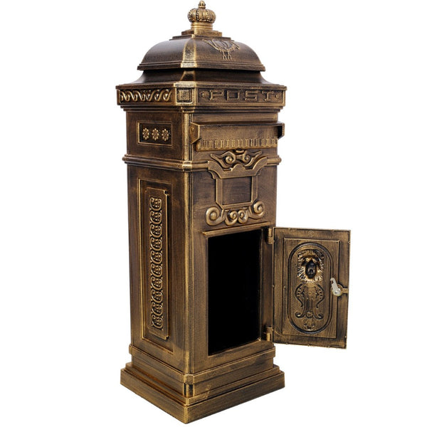 English Elm Mailboxs Cast Aluminum Floor Postbox Roman Column Statue Garden Rainproof Large Capacity Copper W465P230047