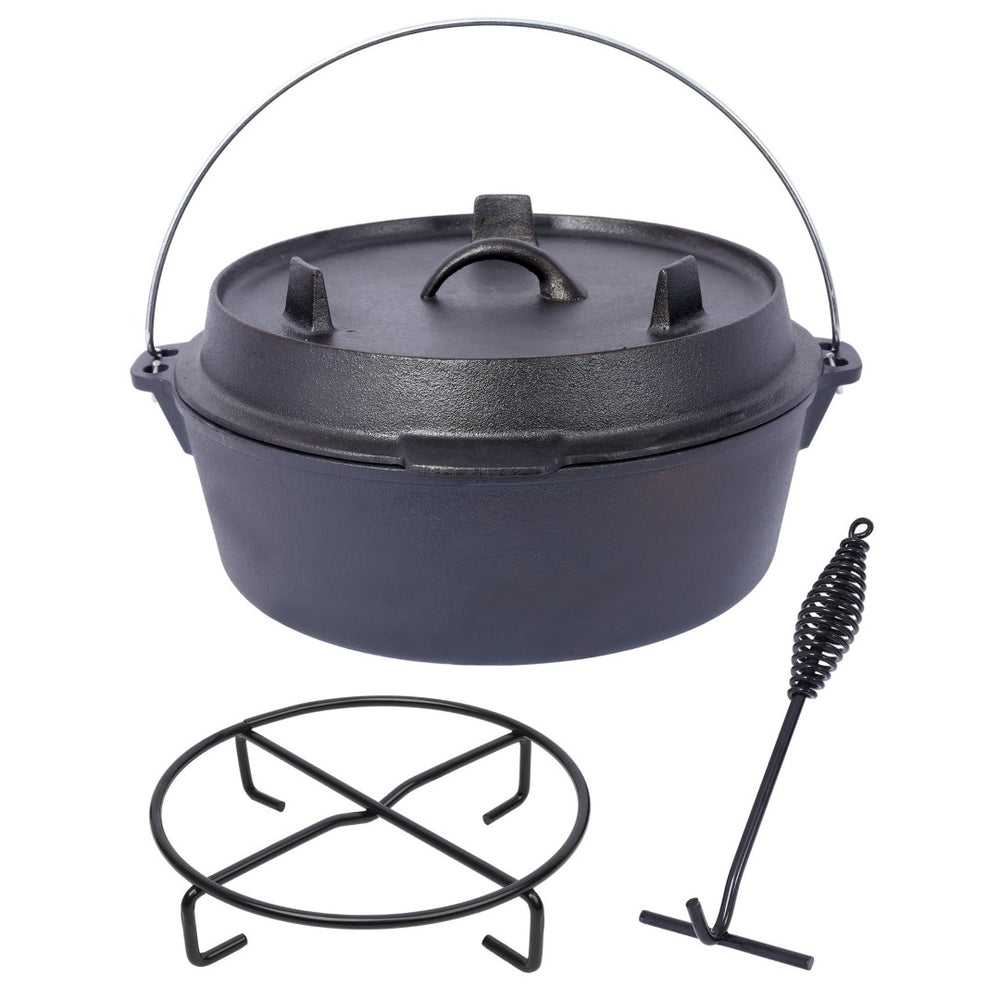 English Elm Pre-Seasoned Cast Iron 12 Quart Dutch Oven Campfire Deep Pot with Convertible Skillet Lid W465P236474