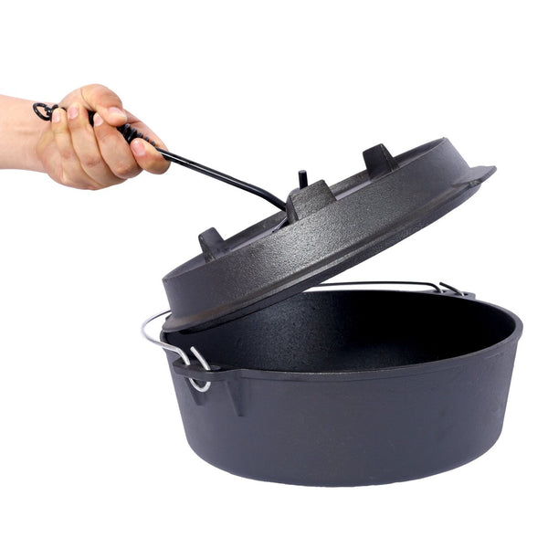 English Elm Pre-Seasoned Cast Iron 12 Quart Dutch Oven Campfire Deep Pot with Convertible Skillet Lid W465P236474