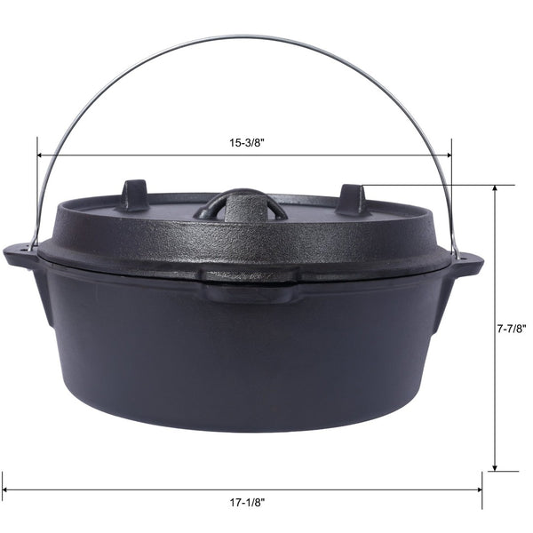 English Elm Pre-Seasoned Cast Iron 12 Quart Dutch Oven Campfire Deep Pot with Convertible Skillet Lid W465P236474