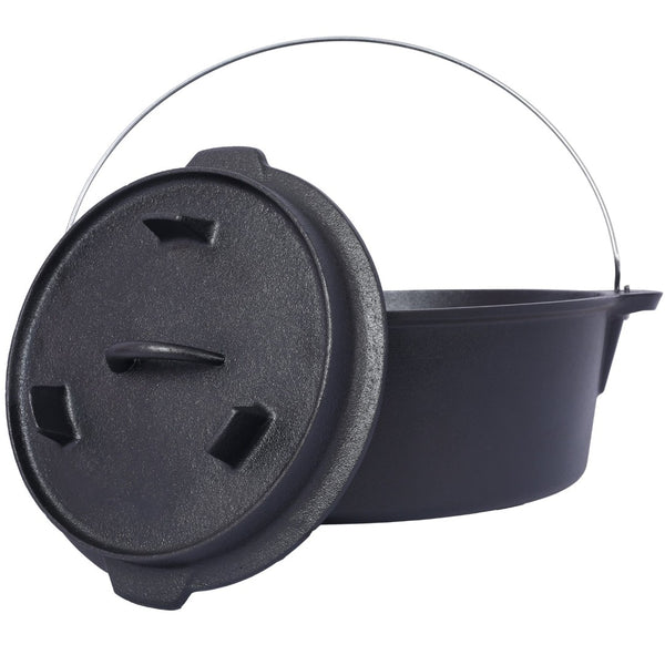 English Elm Pre-Seasoned Cast Iron 12 Quart Dutch Oven Campfire Deep Pot with Convertible Skillet Lid W465P236474