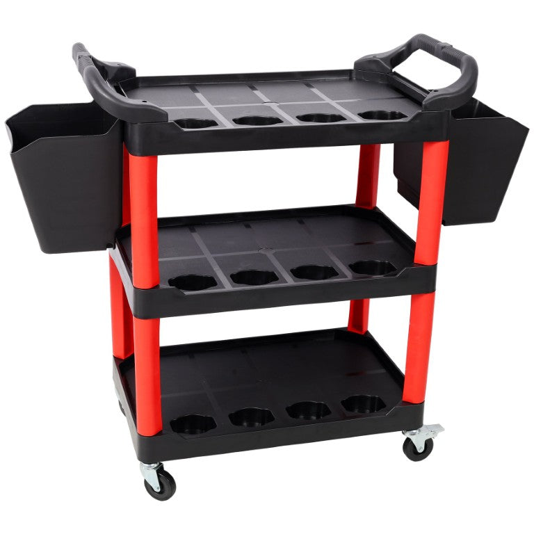 English Elm 3 Tier Rolling Garage Cart with Pegboard Panel Hooks and 12 Spray Bottle Holders Black+Red W465P240612