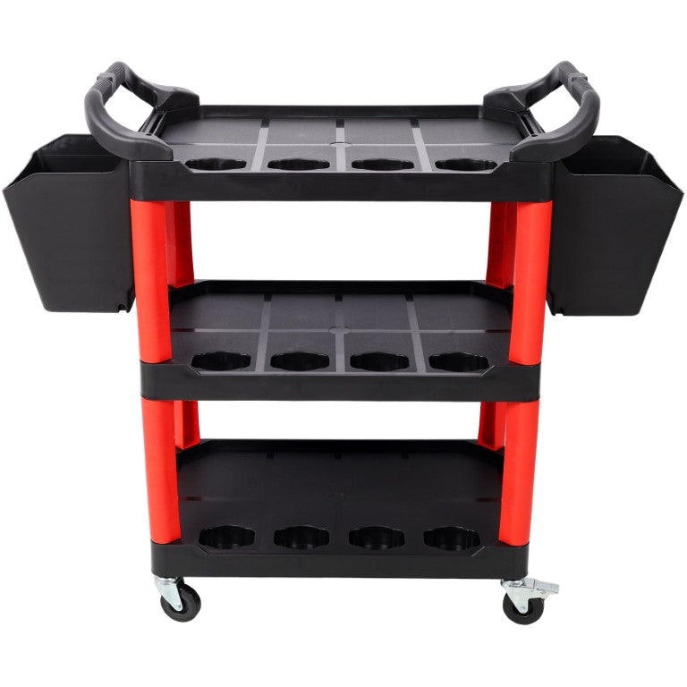 English Elm 3 Tier Rolling Garage Cart with Pegboard Panel Hooks and 12 Spray Bottle Holders Black+Red W465P240612