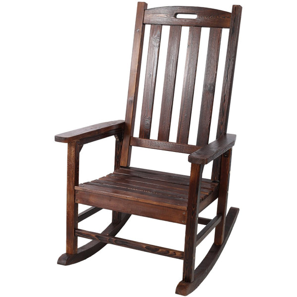 English Elm Wooden High Back Fir Porch Rocker with Wide Contoured Seat for Indoor Outdoor Use Brown W465P255393