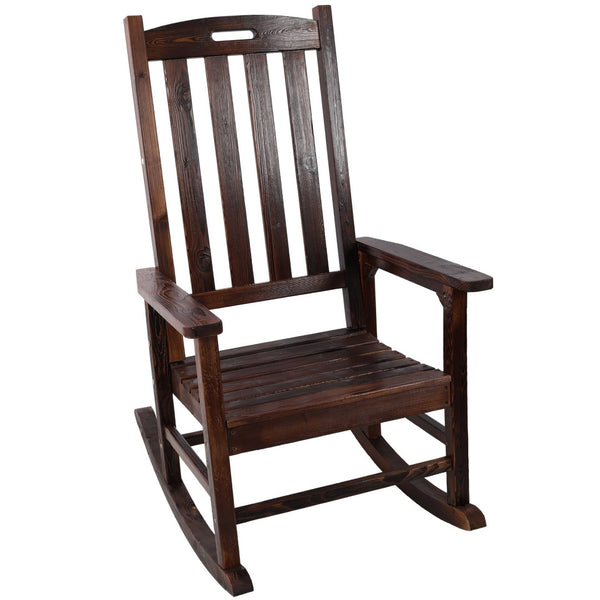 English Elm Wooden High Back Fir Porch Rocker with Wide Contoured Seat for Indoor Outdoor Use Brown W465P255393