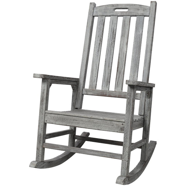 English Elm Wooden High Back Fir Porch Rocker with Wide Contoured Seat for Indoor Outdoor Use Light Gray W465P255394