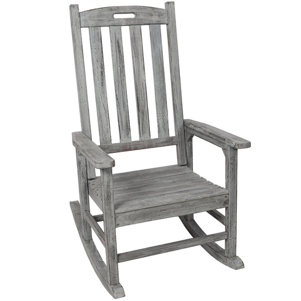 English Elm Wooden High Back Fir Porch Rocker with Wide Contoured Seat for Indoor Outdoor Use Light Gray W465P255394