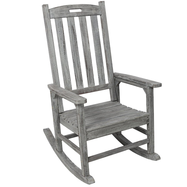 English Elm Wooden High Back Fir Porch Rocker with Wide Contoured Seat for Indoor Outdoor Use Light Gray W465P255394